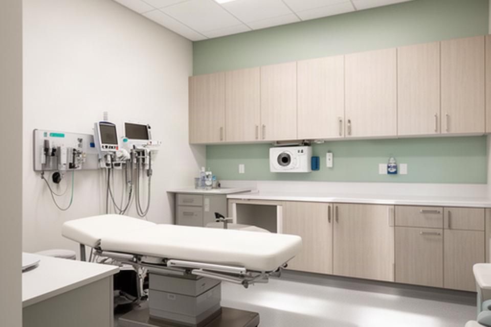 Bright medical examination room with a treatment bed, wall-mounted clinical equipment, cleanable flooring and storage cabinetry